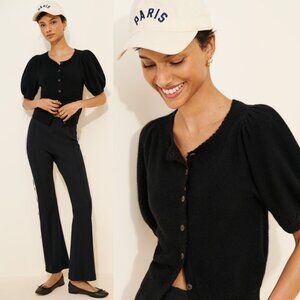 Black Puff-Sleeve Button Cardigan Sweater - Women